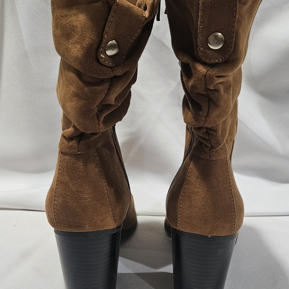 Brown Faux Suede Slouchy Pointed Toe Block Heel Ankle Boots, Size 8 1/2 - Picture 7 of 10